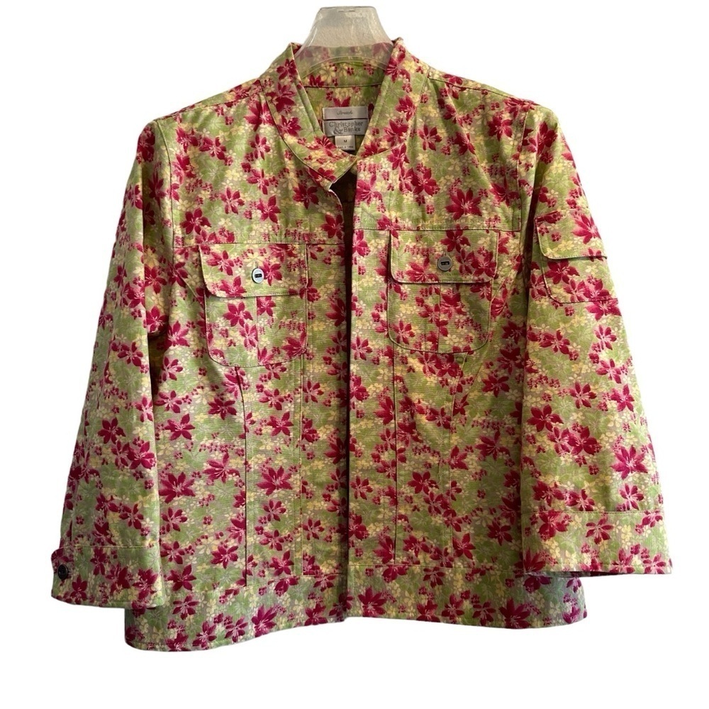 Christopher Banks Stretch Floral OPEN Jacket Blazer Womens Medium Green Pockets